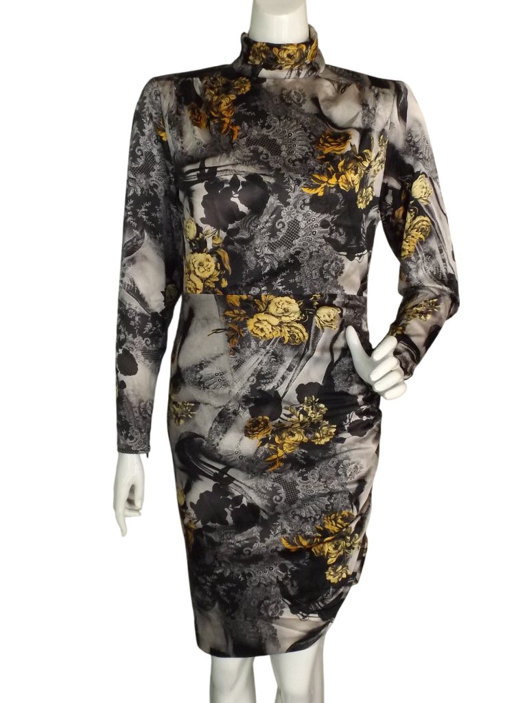 Marciano Guess Dress, 4, Aurora Lux Print, Ruched Side, Long Sleeve,Black Yellow